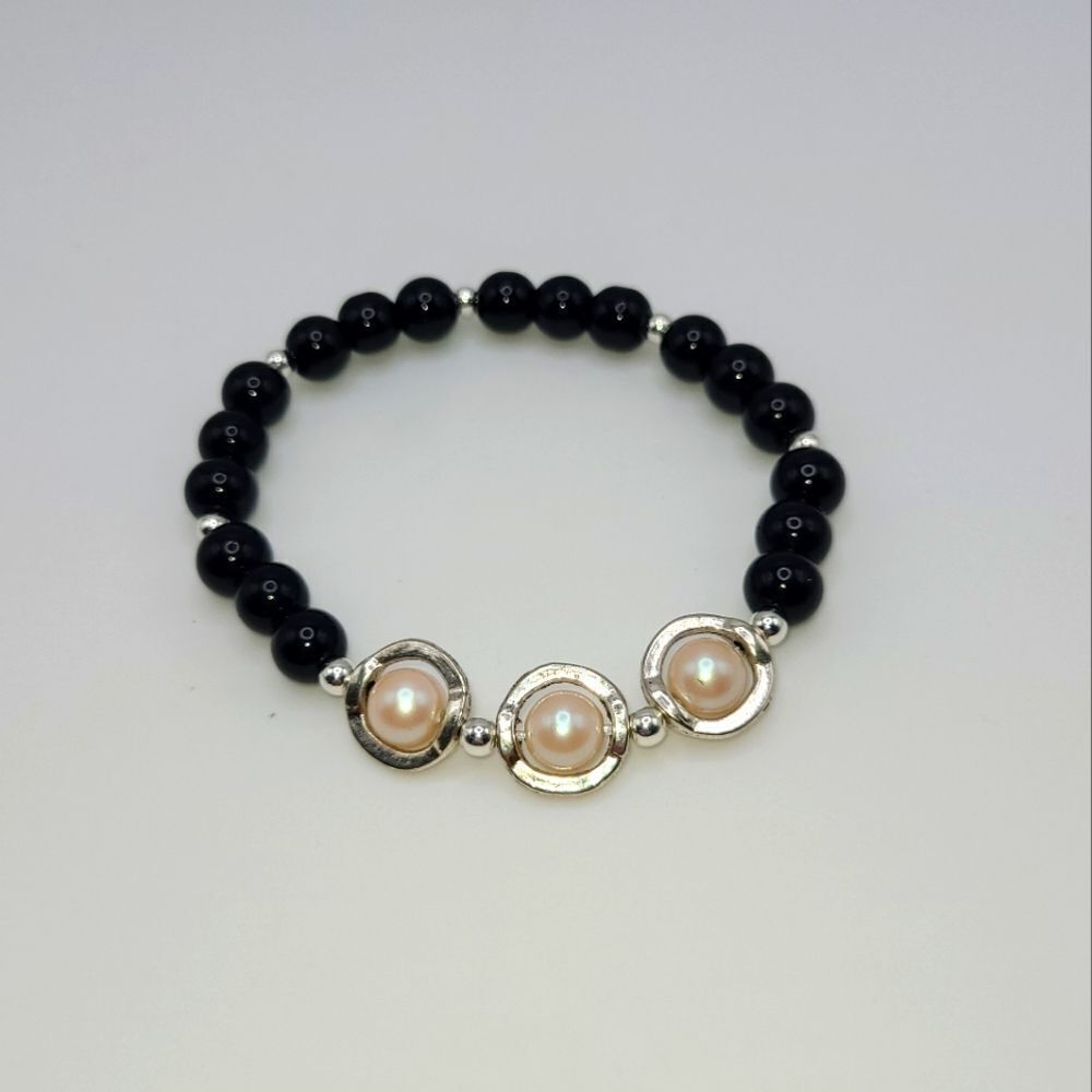 Onyx and Faux Pearl Bracelet, silvertone. Hand crafted